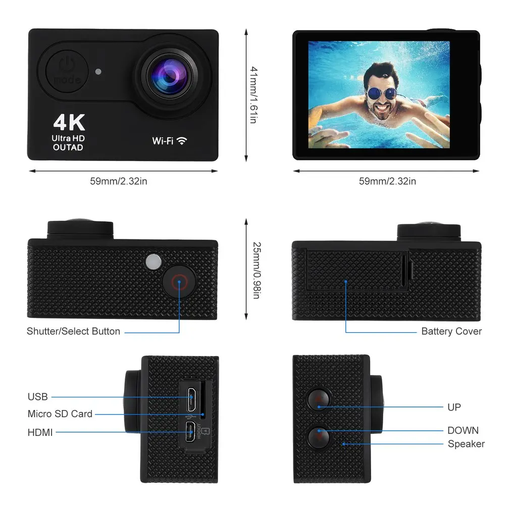 4K Ультра HD WiFi 30M Водонепроницаемая Экшн-камера 2 'LTPS lcd Спортивная камера 12,0 MP 170' Угол объектива HDMI выход компактный