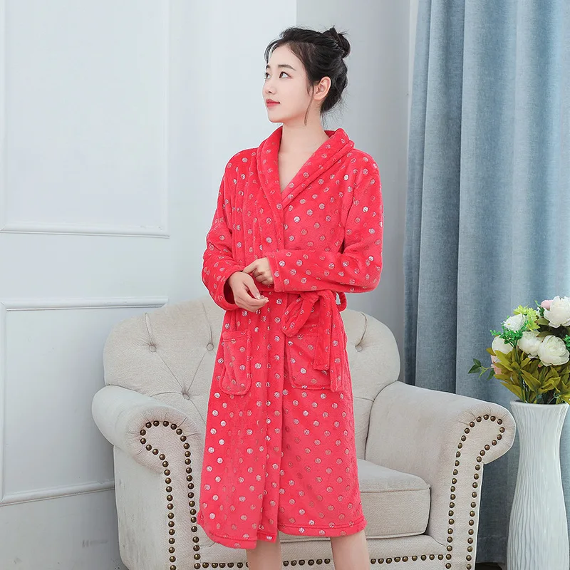 Casual Flannel Coral Fleece Robe Female Winter Warm Kimono Bathrobe Gown Nightwear Sleepwear Intimate Lingerie Home Clothes