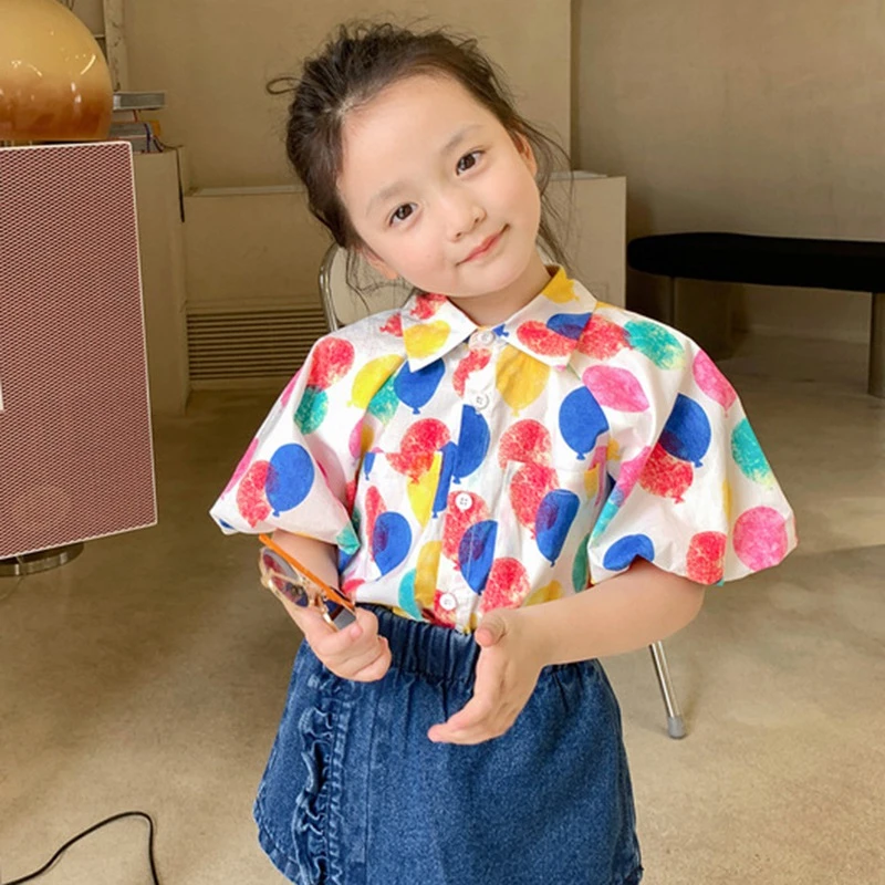 Blusa de verano para y niñas, camisa de manga corta con cuello de muñeca, colorida, con estampado ropa de fiesta|Blusas y camisas| - AliExpress