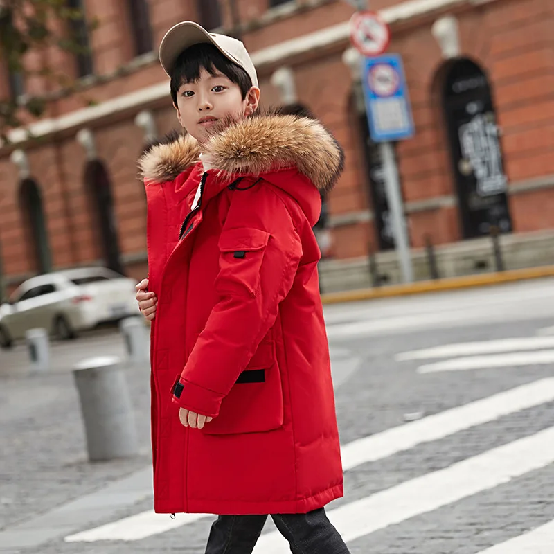 Children's down jacket boy mid long new Korean version boy baby thickened large wool collar coat wholesale - Цвет: Красный
