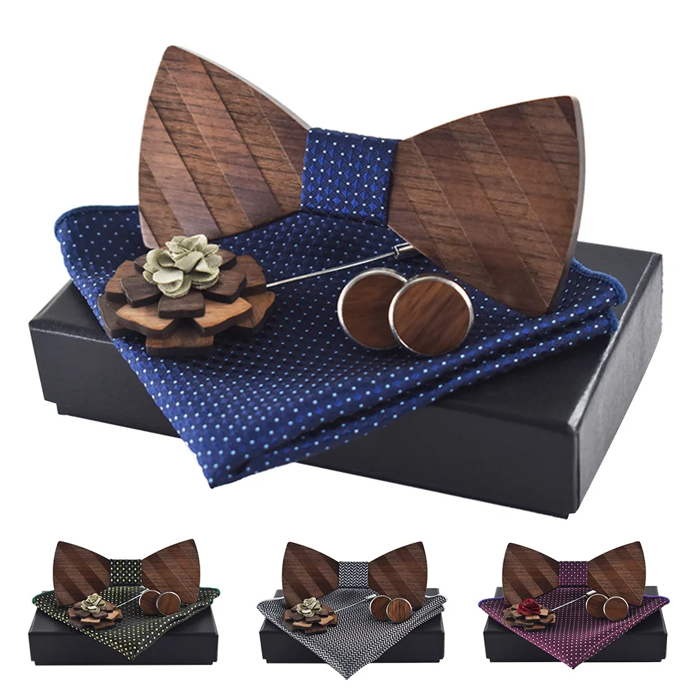  Fashion Pocekt Hanky Classic Wedding Box Brooch Square Tie Cufflink Sets Handkerchief Bowtie Carved