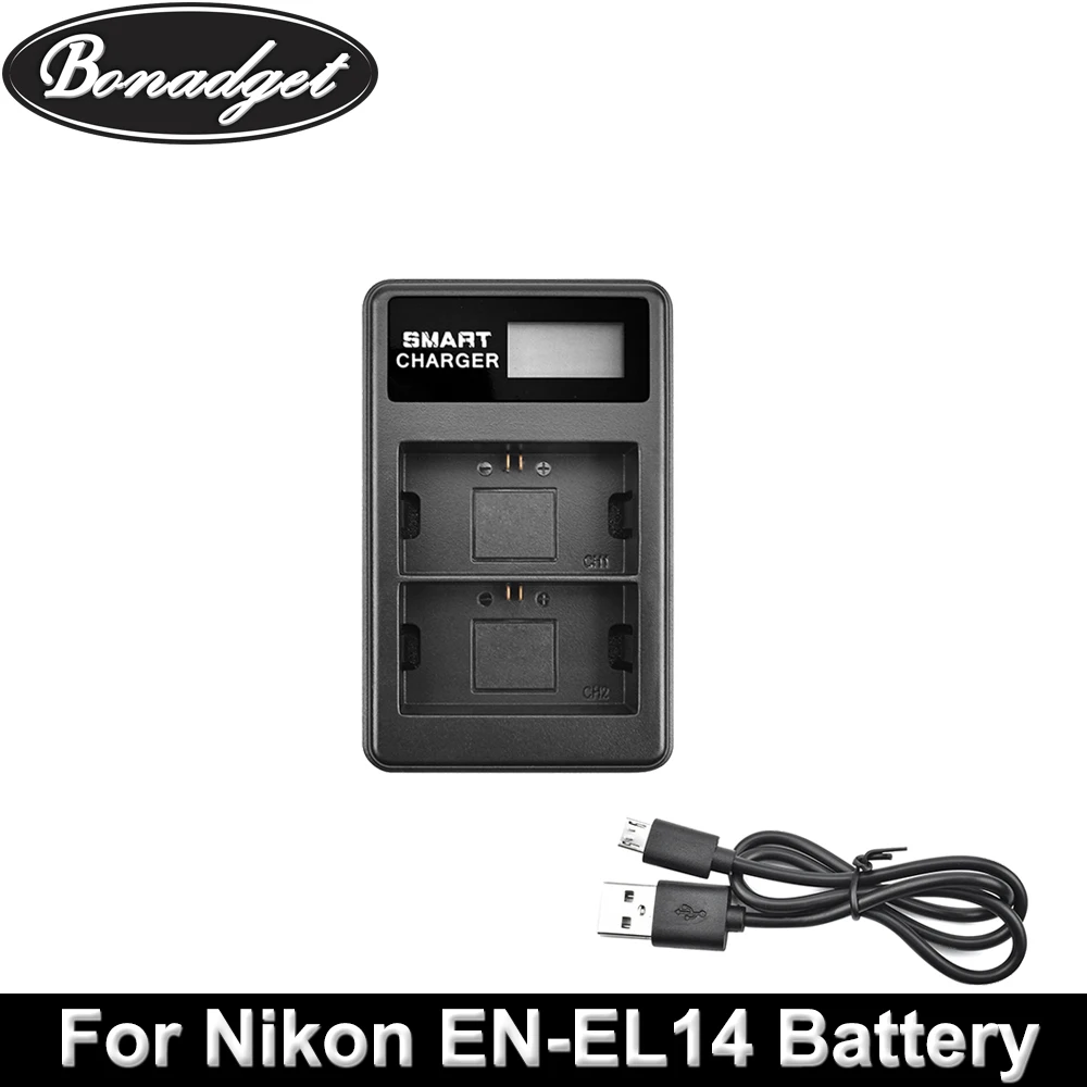 Батарейный блок Bonadget для фотоаппарата Nikon с двойным зарядным устройством USB + ЖК