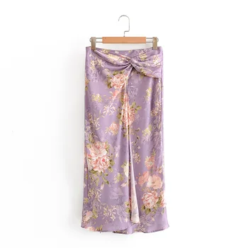 

2020 summer women's new style retro high-waisted slim-fitting fold silk satin texture bow trim hem slit print midi long skirt