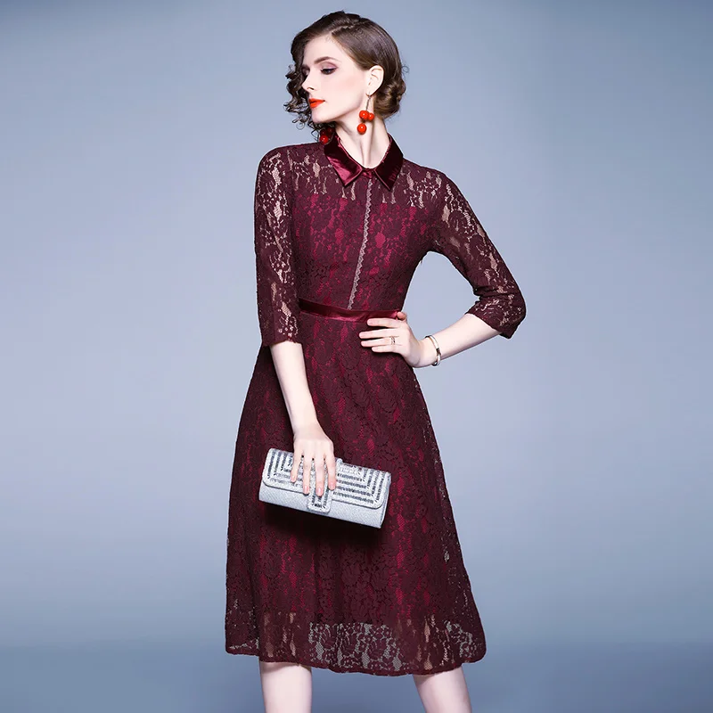 Новое Осеннее Красное Кружевное рождественское платье средней длины Vestidos Invierno