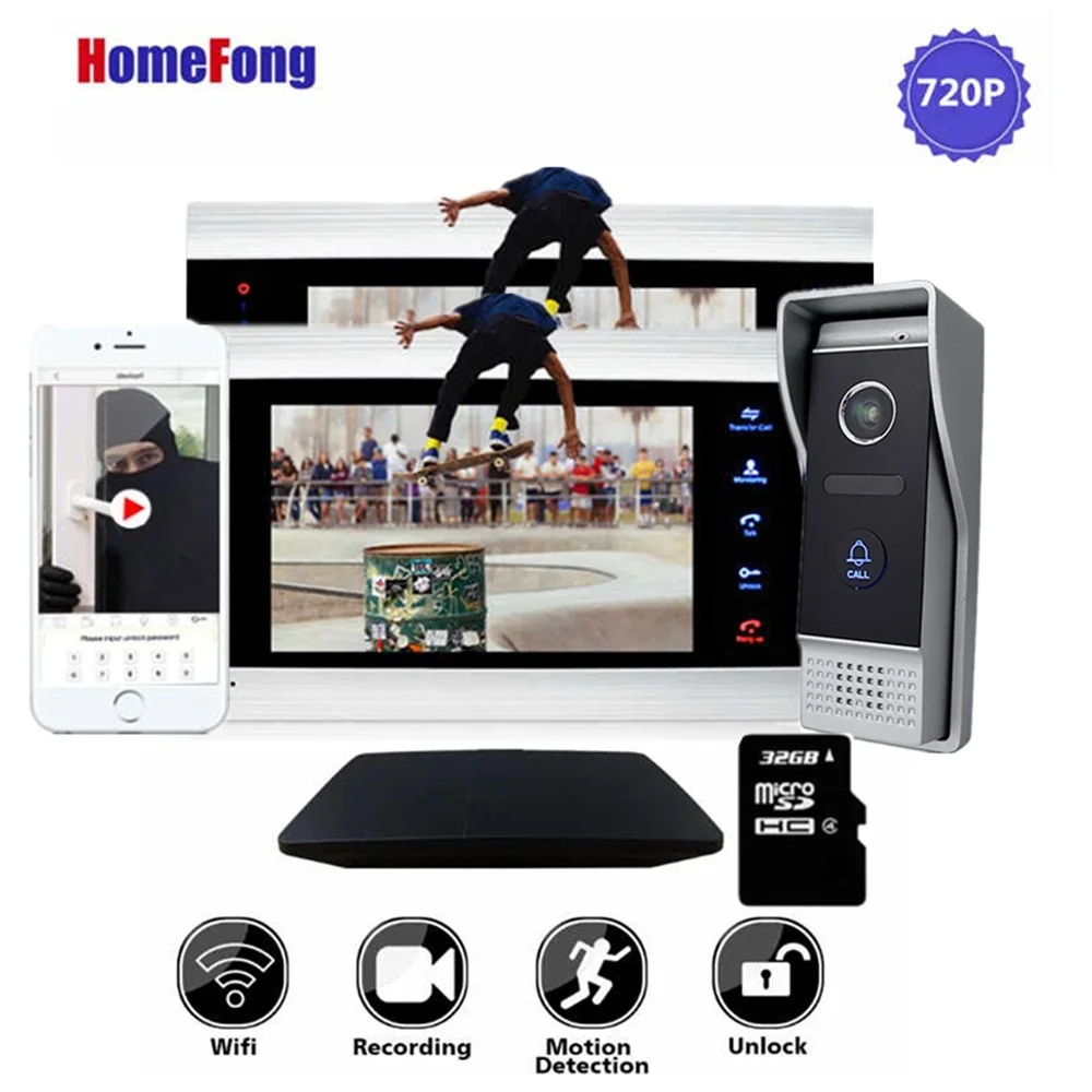 cheap Homefong 7 inch 720P Wireless Video Doorbell Intercom Wired Wifi Video Door Phone Doorbell HD SD Card 2 Monitor 1 Doorbell