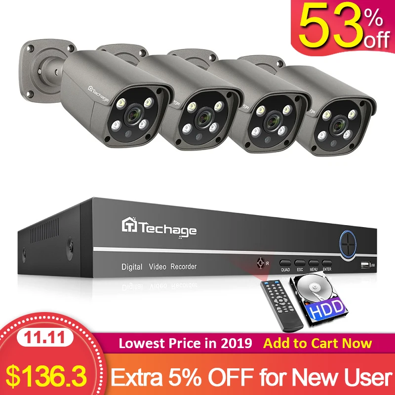 Günstig Techage H.265 4CH 5MP POE NVR Kit CCTV System Zwei Weg Audio AI IP Kamera IR Im Freien Wasserdichte Video Sicherheit überwachung Set