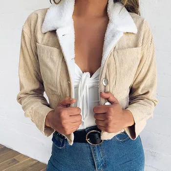 

Winter Harajuku Corduroy Jackets Women Thicked Fleece Short Coat Casual Solid Color Long Sleeve Button Jacket & Outerwear Coat