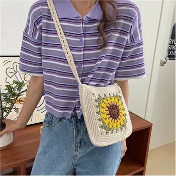 

Women Sunflower Knitted Crossbody Shoulder Bag Lady Casual Square Shopping Tote Female Travel Messenger Satchel Purse Handbag