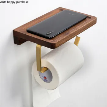 

Bathroom Roll Holder Wood Tissue Box Brass Toilet Shelf Paper Towel Holder Solid Wood Paper Towel Mobile Phone Storage Shelf
