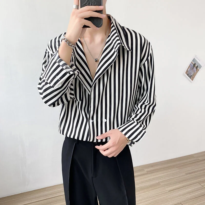 

2021 Men's Loose Stripe Printing Lazy Style Coats Long Sleeves Hawaiian Shirts Handsome Lapel Collar Black Color Shirts M-2XL