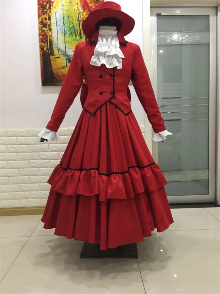 

Anime Black Butler Angelina Dalles Madam Red Dress Cosplay Costume Coat+Skirt+Hat+Bow Vintage Ball Gown Dresses