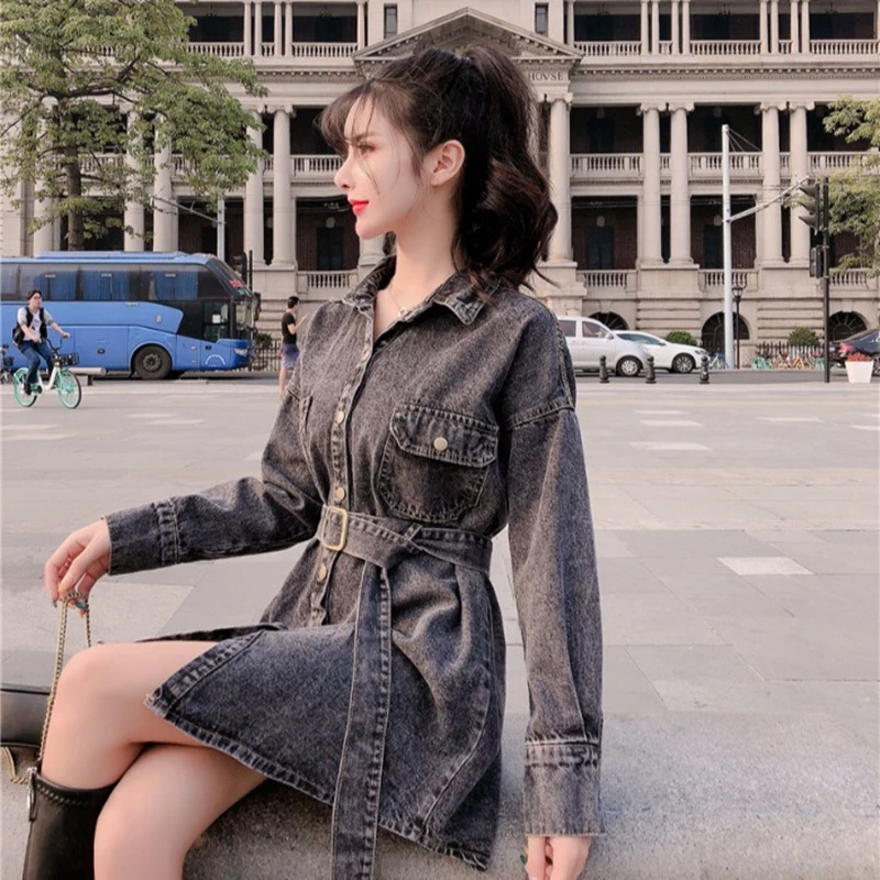 buy  Spring 2020 new Cowboy Coat Korean loose mid-length lace-up denim jacket women's Fashion Girl Jean 