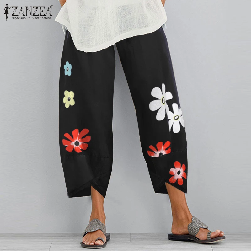 ZANZEA Viintage Print Trousers Womens Harem Pants Autumn Casual Elastic Waist Long Pantalon Female Flower Turnip Plus Size Pant