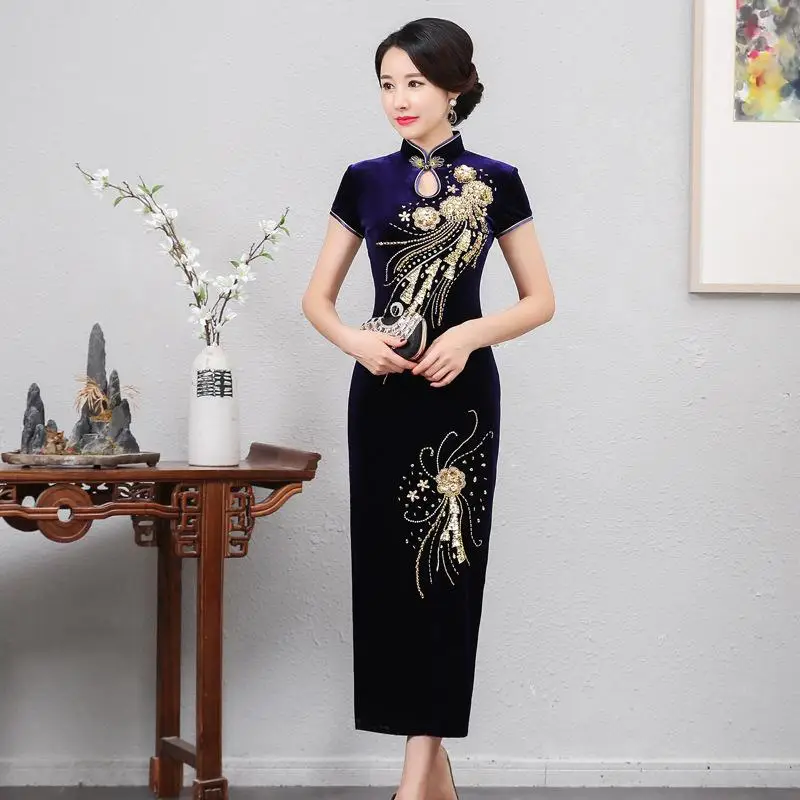 Платье с цветочным принтом, воротник-стойка, рукав до локтя, Cheongsam Vestidos, женское платье с высоким разрезом, сексуальное вечернее платье с бусинами, Qipao размера плюс - Цвет: StyleB 2