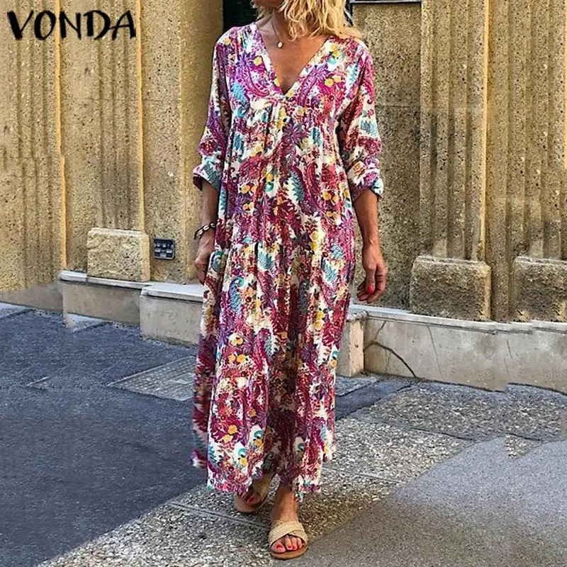 

VONDA Maternity Dress Vintage Floral Printed Dresses Sexy Beach Sundress 2019 Spring Causal Vintage Sleeve Pregnancy Vestidos