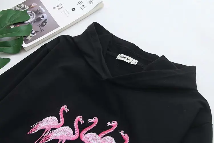 Plus Size Casual Sweatshirts Autumn Women Fashion Loose Long Sleeve Cranes embroidered Hooded Hoodies S48-2085