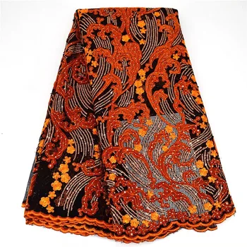 

(5yards/pc) high quality black orange African net lace with wonderful velvet and sequins embroidery for party dress FLD003