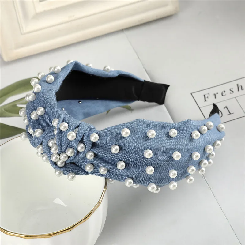 C light blue AWAYTR завязанная жемчугом лента для волос широкая повязка для волос женская лента для волос синяя джинсовая ткань обруч для волос женские аксессуары для волос Haarband - Цвет: C light blue