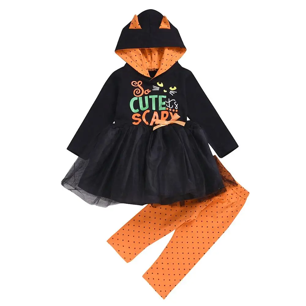 Малыш детская одежда; комплект одежды для девочек Хэллоуин костюм на Рождество милое страшный кот черного цвета, комплект из 2 предметов, платье В лоскутном стиле+ оранжевые штаны наряд
