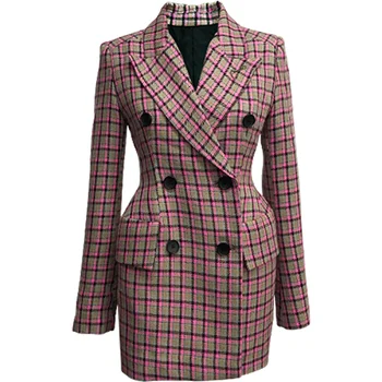 

High Quality Autumn Winter Women Plaid Wool Blazer Long Sleeve Double Button Vintage Fashion Female Lattice Shoulder Retro Suit