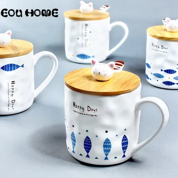 

Japanese-style Creative Cat and Fish Pattern Coffee Mugs Ceramic Cup Cartoon with Scoop Cover for Breakfast Milk Juice Water Cup