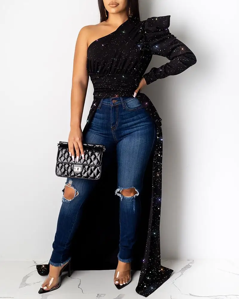 

Women Glitter Long Sleeve Blouse Puff Sleeve One Shoulder Asymmetrical Top