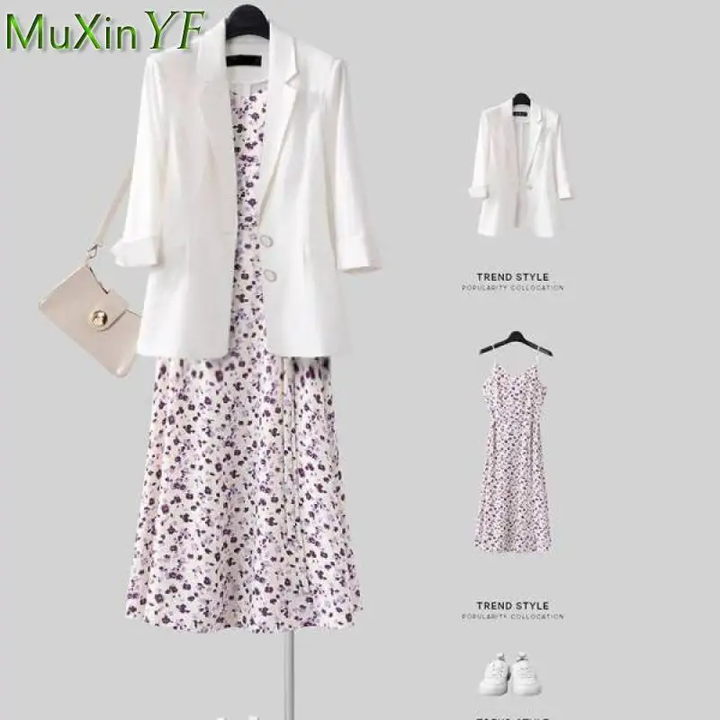 Summer Floral Sling Dress Suit Jacket Autumn 2022 New Elegant Skirt Blazer Two-piece Women Trendy Casual Clothing Set