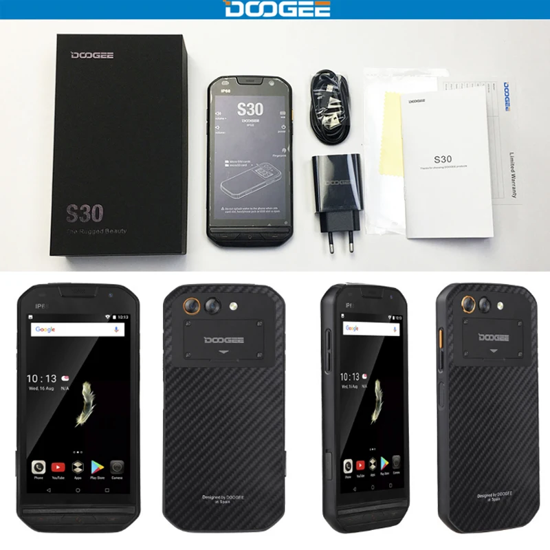DOOGEE S30, 4G LTE, мобильный телефон, 5,0 дюймов, четыре ядра, 2 Гб ОЗУ, 16 Гб ПЗУ, Android 7,0, 5580 мА/ч, двойная камера, IP68, водонепроницаемая, отпечаток пальца