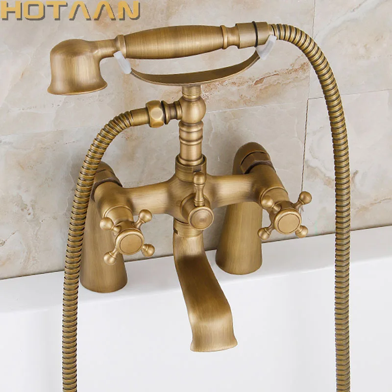Deck Mounted Bath Tub Faucet Solid Brass Hand Shower Dual Handle Mixer Crane