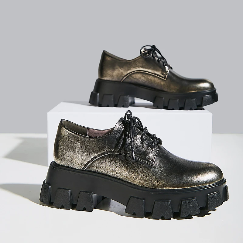 Women's genuine leather thick sole platform flats lace-up oxfords leisure punk female soft comfortable brogues student shoes hot