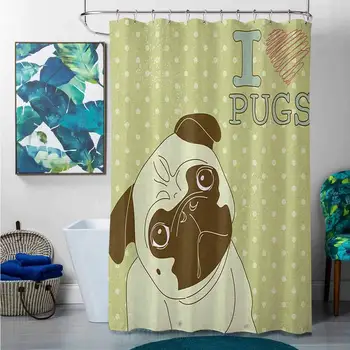 

Shower Curtains for Kids Bathroom Pug,Cute Little Dog with Tilted Head with Lovely Expression I Love Pugs Pet, Avocado Green