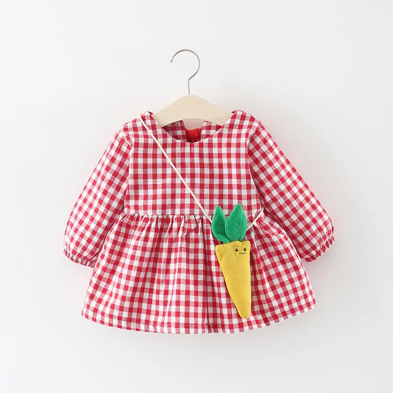 

Foreign Trade Winter Style Children Shirt Solid Color Plaid plus Velvet Dress with Radish Bag Childrenswear a Generation of Fat