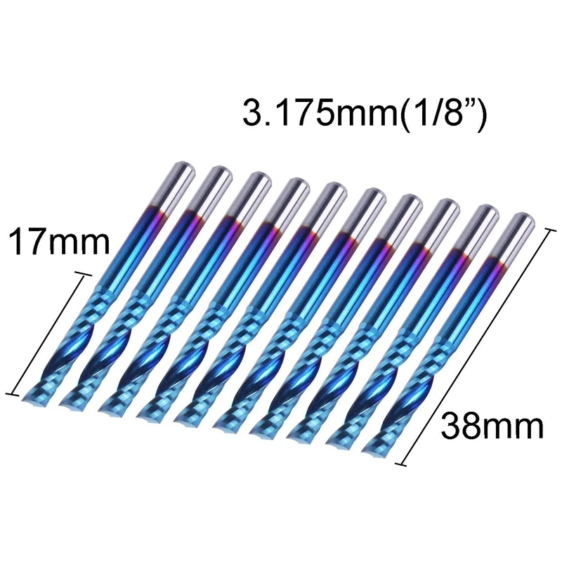 10Pcs Nano Blue Coat Flat Nose End Mill CNC Router Bits, 1/8 Inch Shank Spiral Upcut Single 1