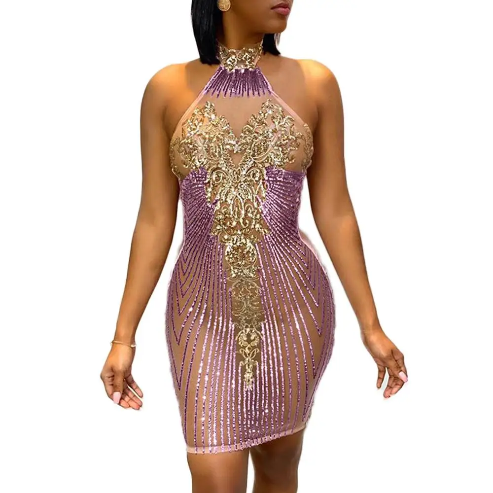 Sexy Sleeveless Backless See Through Halter Mini Dress Celebrity Bodycon Package Hip Gold Print Sequins Purple Female Dresses Sexy Sleeveless Backless See Through Halter Mini Dress Celebrity Bodycon Package Hip Gold Print Sequins Purple Female Dresses