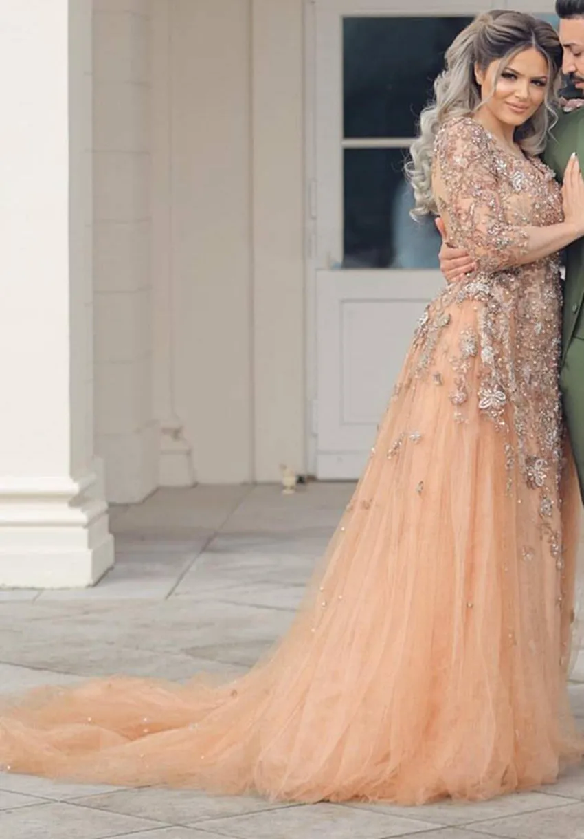 Pretty-Champagne-Lace-Mermaid-Evening-Dresses-With-Detachable-Train-Modest-Three-Quarter-Sleeves-Prom-Gowns-Vestidos (4)