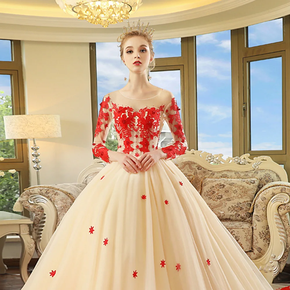 Роскошные бальные Свадебные платья с часовым шлейфом Vestido De Noiva Princesa красный орнамент жемчуг длинный рукав платье невесты