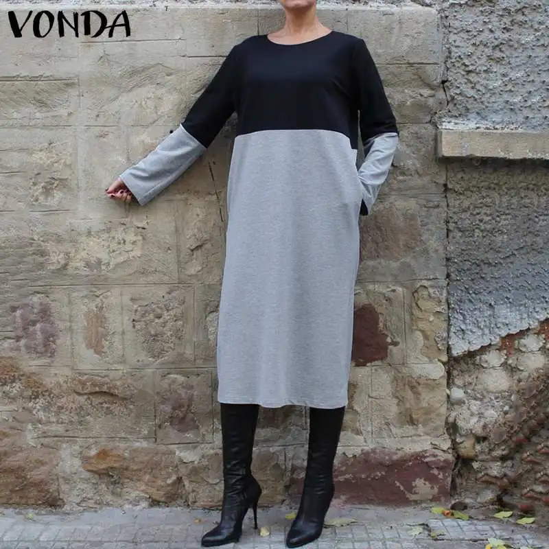 

VONDA Long Sleeve Dress 2019 Autumn Vintage O Neck Party Maternity Dresses Casual Patchwork Long Robe Loose Beach Vestidos 5XL