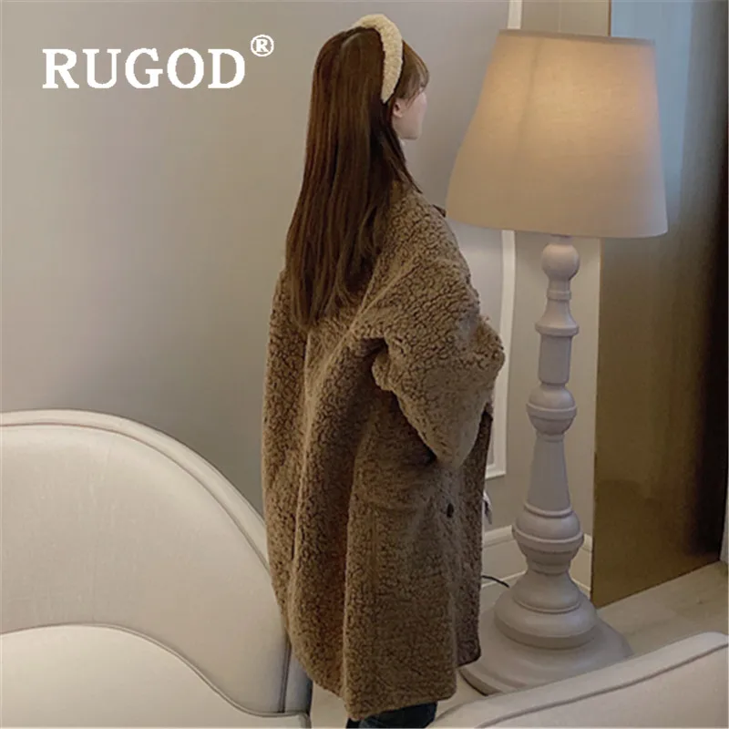 RUGOD кашемировое пушистое пальто средней длины, женская теплая флисовая куртка, женские зимние пальто, уличная одежда, корейский стиль, женская мода