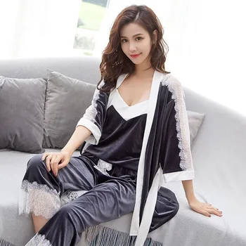 

gold velvet women sleepwear 3 pieces pajamas set sexy lace robe sling winter warm home service long sleeve and pants nightwear