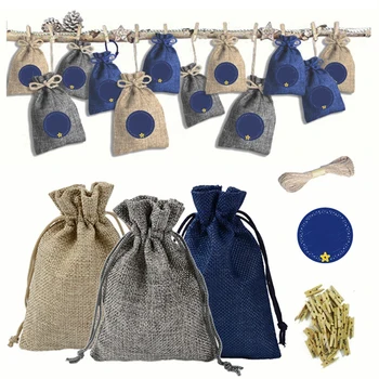

24pcs/set 10 x 14cm Christmas Tricolor Candy Linen Drawstring Bag Christmas Advent Hanging Bags with 24pcs Blue Number Stickers
