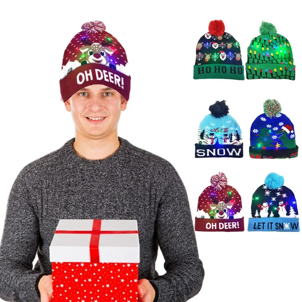 LED Light Up Christmas Hat Christmas Knitted Beanie Hat Party Warmer Cap For Kids Adults