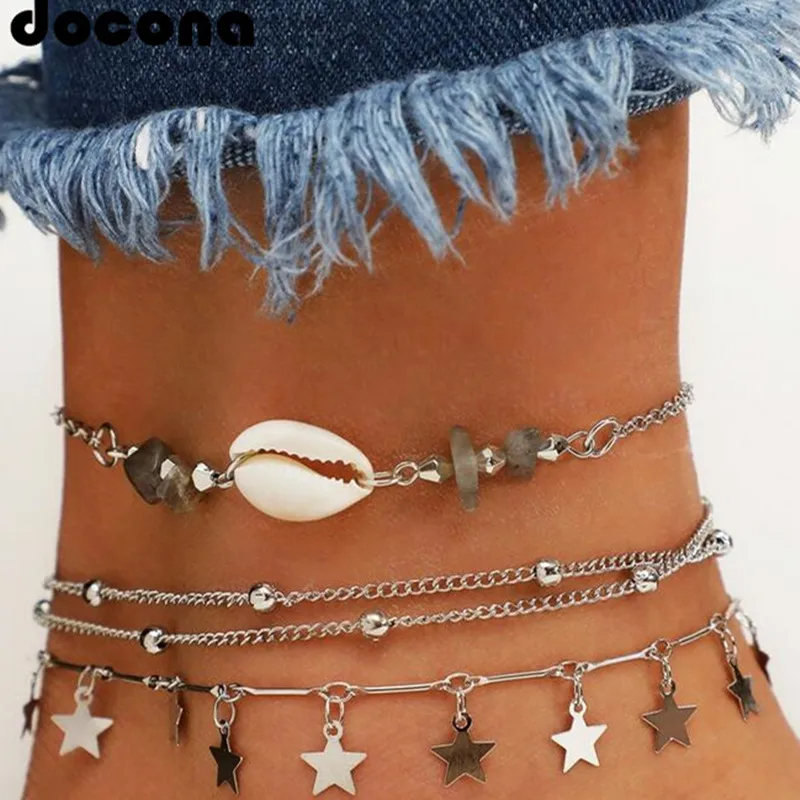 

docona Bohemian Beaded Seashell Leg Bracelets for Women Girls Metal Stars Tassel Anklets Charm Foot Jewelry Accessoies 6968