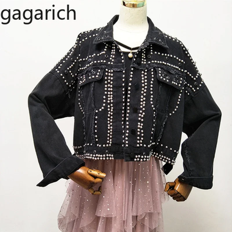 Preise Gagarich Herbst Frauen Harajuku Rot Denim Jacke Mantel Schwere Hand Perlen Niet Kurze Schwarze Jeans Jacke Studenten Grund Mäntel Outfit