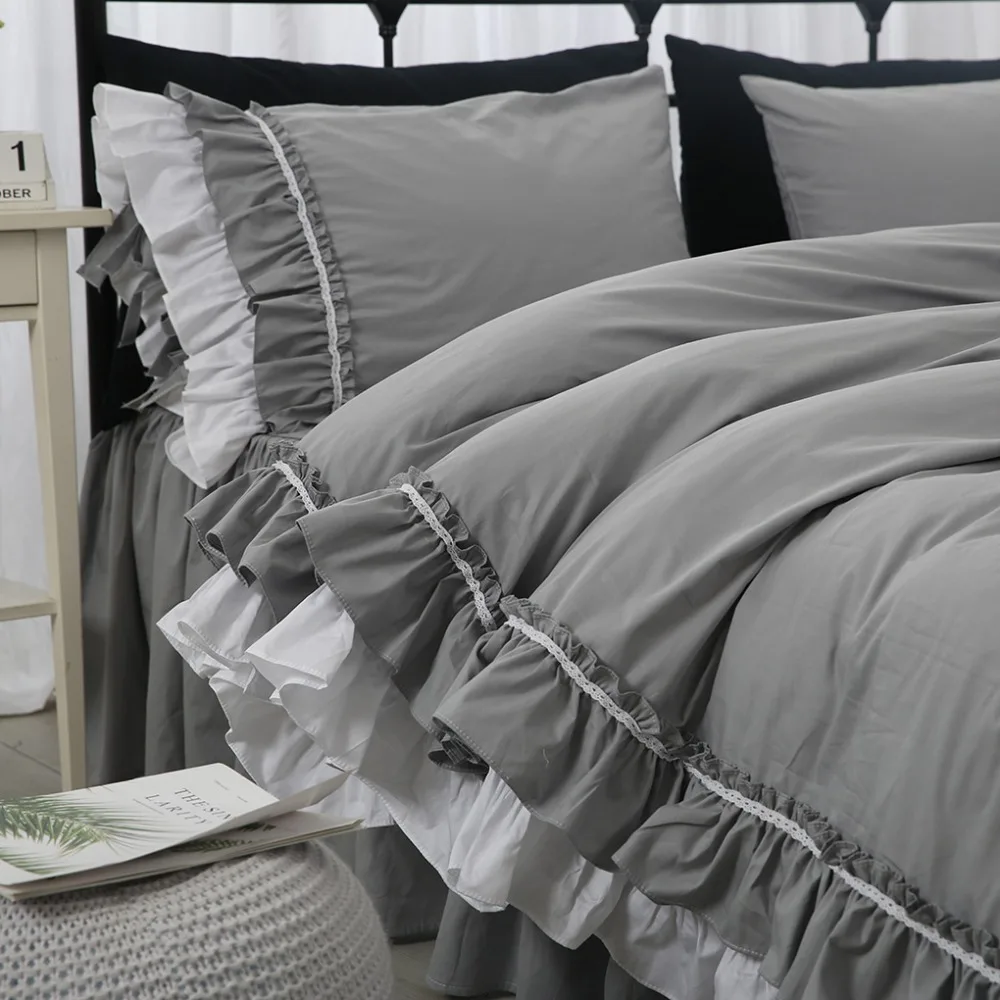 Free shipping 100%cotton Korean princess solid color black gray ruffles bed skirt kit bedding set twin full queen king size YYX