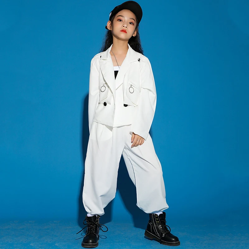 New Kids Hip Hop Clothing White Suits Street Dance Stage Costumes Modern Jazz Performance Outfit Girls Hip Hop Pants Tops BL5419