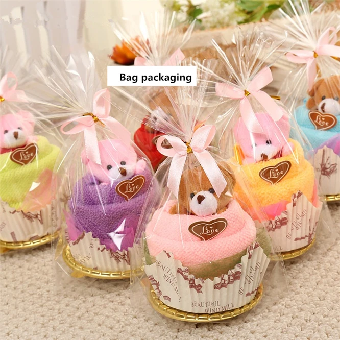 10 Sets 30x30cm Creative Towels Mini Bear Cup Cake Pack Microfiber fabric  Hand Towels Face Washing Towel Party Wedding Gifts