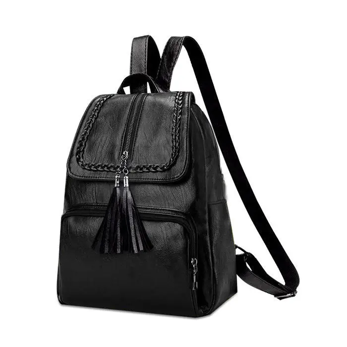Мягкий кожаный рюкзак с кисточками, женская сумка, черный полиуретановый рюкзак, Женская Повседневная сумка, женская сумка в студенческом стиле - Цвет: Черный