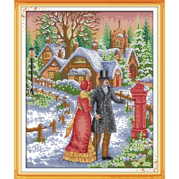 

Everlasting love Walk on the snow Chinese cross stitch kits Ecological cotton printed 11 14CT DIY New year Christmas decorations