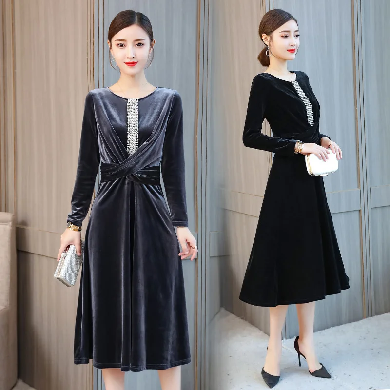 

Photo Shoot Original Female Autumn Velvet Dress 2018 New Style Crew Neck Beads Pleated Slim Fit Medium-length A- line Skirt