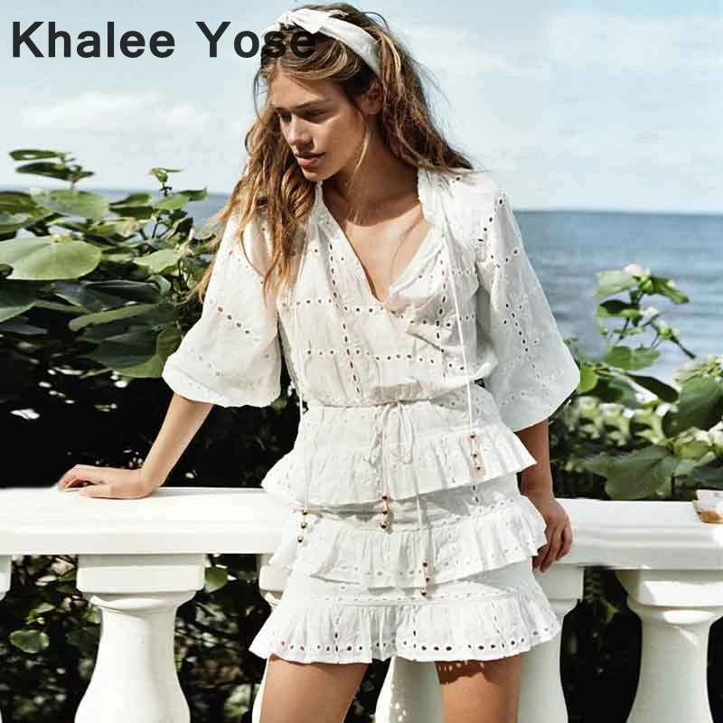 

KHALEE YOSE White Tiered Mini Dress Autumn 2019 V-neck Holiday Dress Womens Cascade Frill Eyelet Long Sleeve Boho Chic Dress